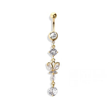 Load image into Gallery viewer, 14g Butterfly Dangle &amp; Round Gems Navel Ring - Gold
