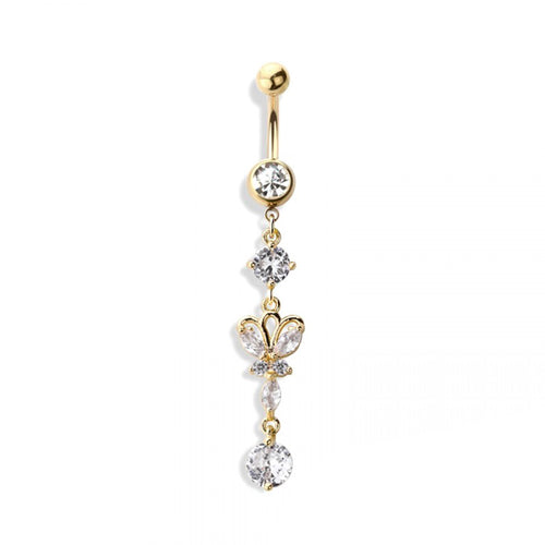 14g Butterfly Dangle & Round Gems Navel Ring - Gold