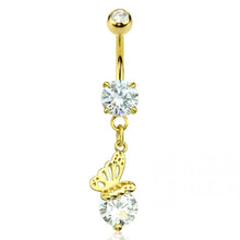 Load image into Gallery viewer, 14g Butterfly On Cubic Zirconia Dangle Navel Ring - Gold
