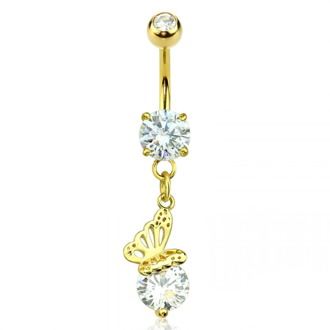 14g Butterfly On Cubic Zirconia Dangle Navel Ring - Gold