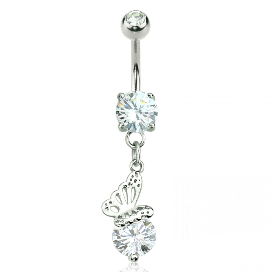 14g Butterfly On Cubic Zirconia Dangle Navel Ring - Steel