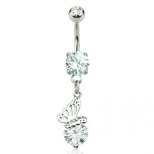 Load image into Gallery viewer, 14g Butterfly On Cubic Zirconia Dangle Navel Ring - Steel
