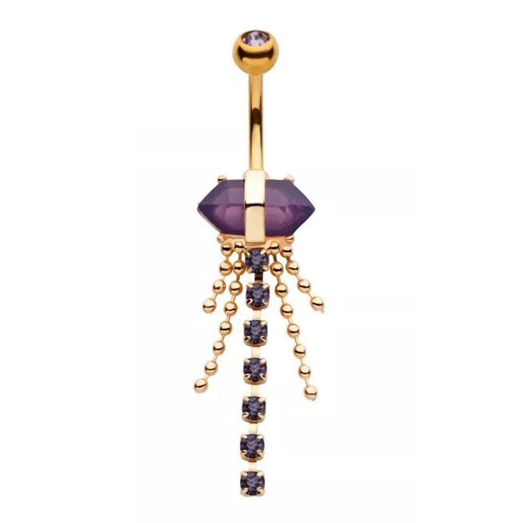 14g Double-Ended Amethyst Crystal Dangle Navel Ring - Gold