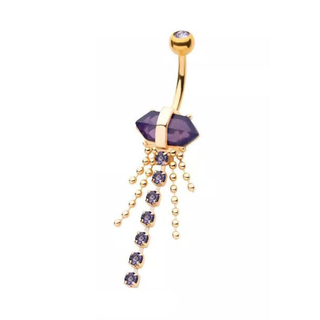 14g Double-Ended Amethyst Crystal Dangle Navel Ring - Gold