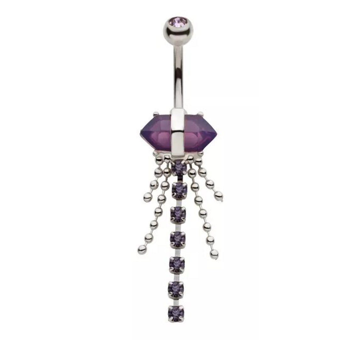 14g Double-Ended Amethyst Crystal Dangle Navel Ring - Steel