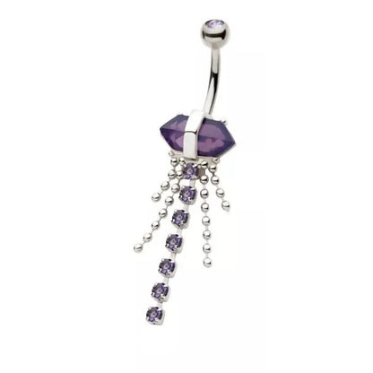 14g Double-Ended Amethyst Crystal Dangle Navel Ring - Steel