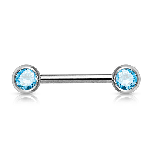 14g Double Front Facing Gem Nipple Barbell - Single - Aqua