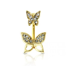 Load image into Gallery viewer, 14g Gem Paved Double Butterfly Navel Ring - Gold

