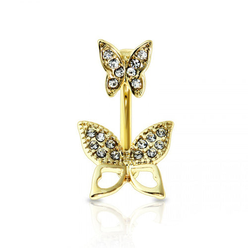 14g Gem Paved Double Butterfly Navel Ring - Gold