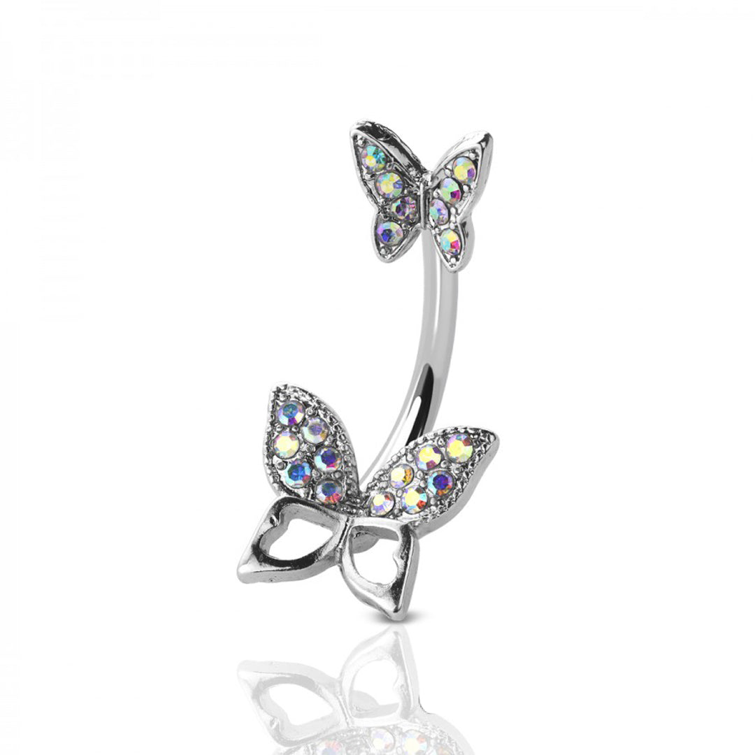 14g Gem Paved Double Butterfly Navel Ring - Steel