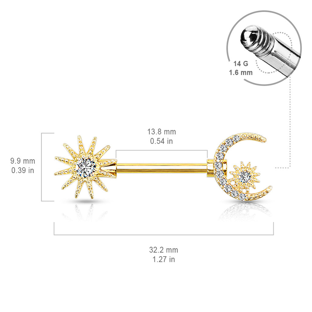 14g Moon & Sun Nipple Bar - Single - Gold