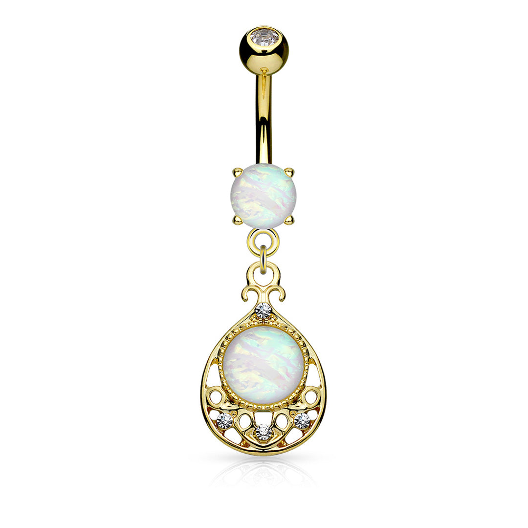 14g Opal Glitter Filigree Dangle Navel Ring - Gold