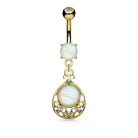 14g Opal Glitter Filigree Dangle Navel Ring - Gold