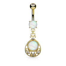 Load image into Gallery viewer, 14g Opal Glitter Filigree Dangle Navel Ring - Gold
