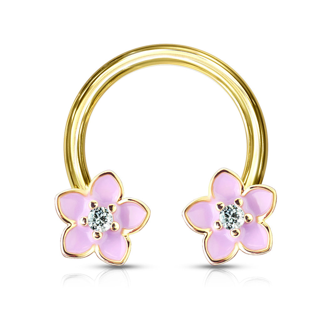 14g Pink Enamel Flower Nipple Horseshoe - Single - Gold