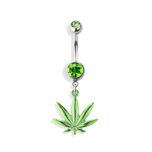 14g Pot Leaf Dangle Navel Ring - Steel