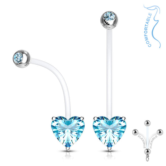 14g Prong Set Heart Bioflex Maternity Navel Ring - Aqua