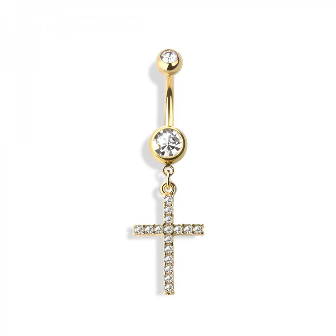 14g Simple Gem Cross Dangle Navel Ring - Gold