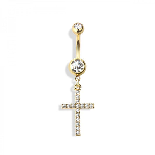 14g Simple Gem Cross Dangle Navel Ring - Gold