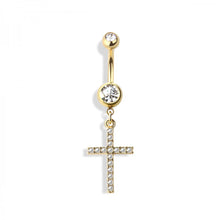 Load image into Gallery viewer, 14g Simple Gem Cross Dangle Navel Ring - Gold
