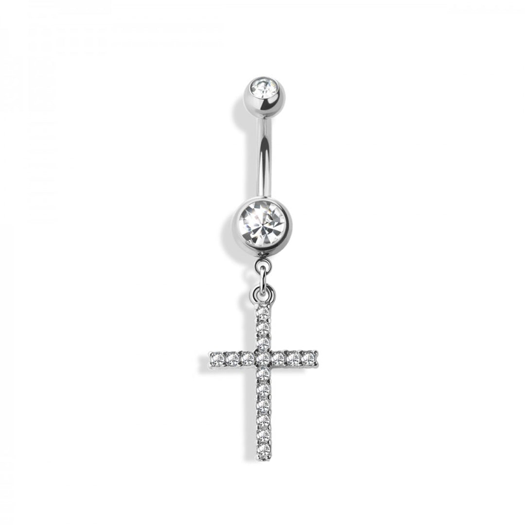 14g Simple Gem Cross Dangle Navel Ring - Steel