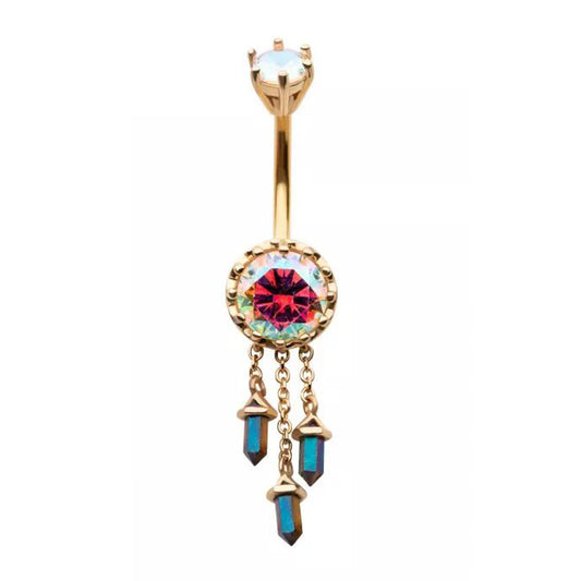 14g Triple Dangle Aurora Borealis Navel Ring - Gold