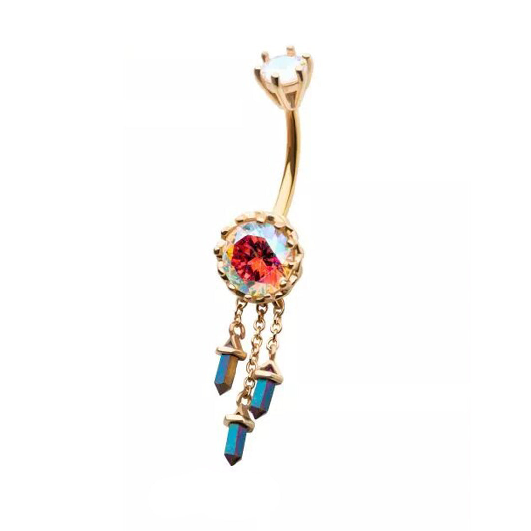 14g Triple Dangle Aurora Borealis Navel Ring - Gold