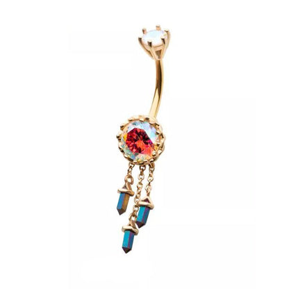 14g Triple Dangle Aurora Borealis Navel Ring - Gold