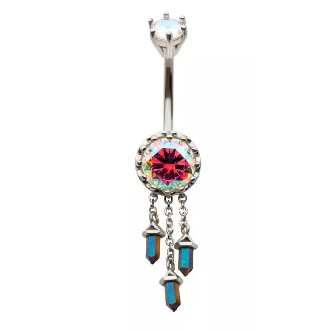 14g Triple Dangle Aurora Borealis Navel Ring - Steel