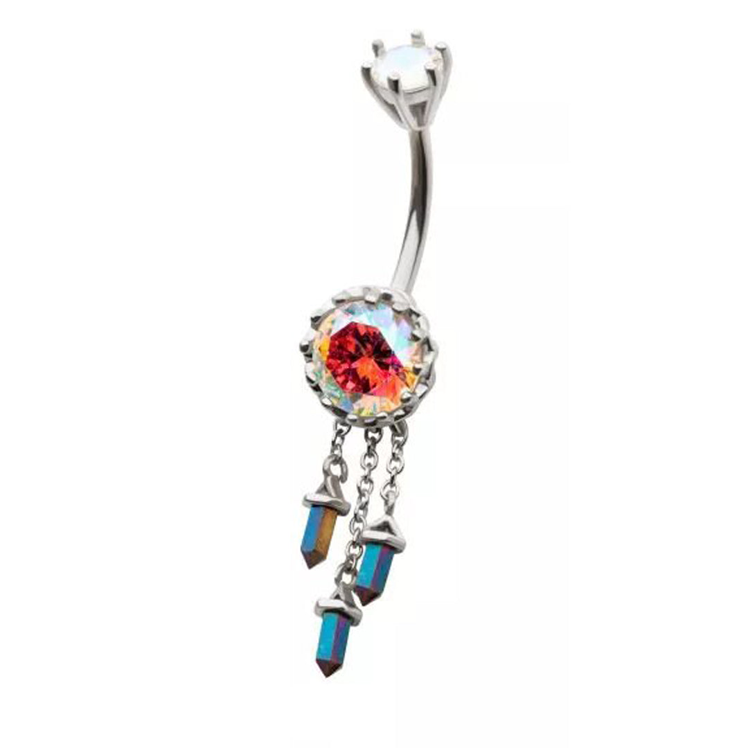 14g Triple Dangle Aurora Borealis Navel Ring - Steel