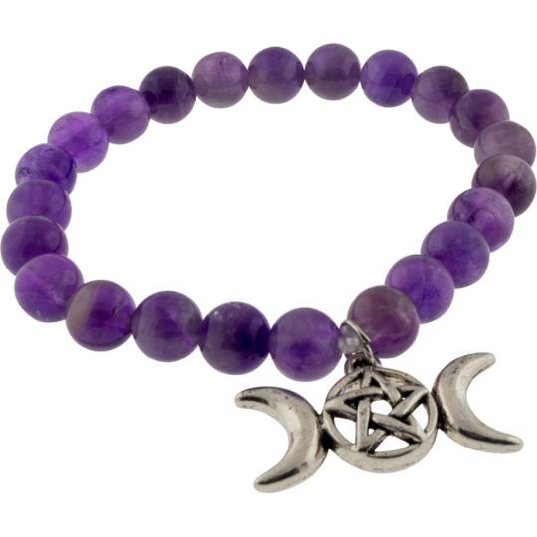 8mm Amethyst & Pentacle Triple Moon Bracelet