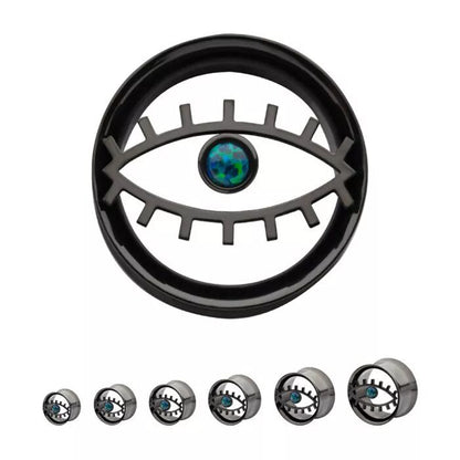 Black Evil Eye With Green Opal Double Flare Plugs - Pair