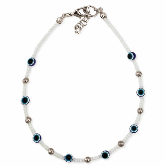 Clear Day White Bead Evil Eye Anklet