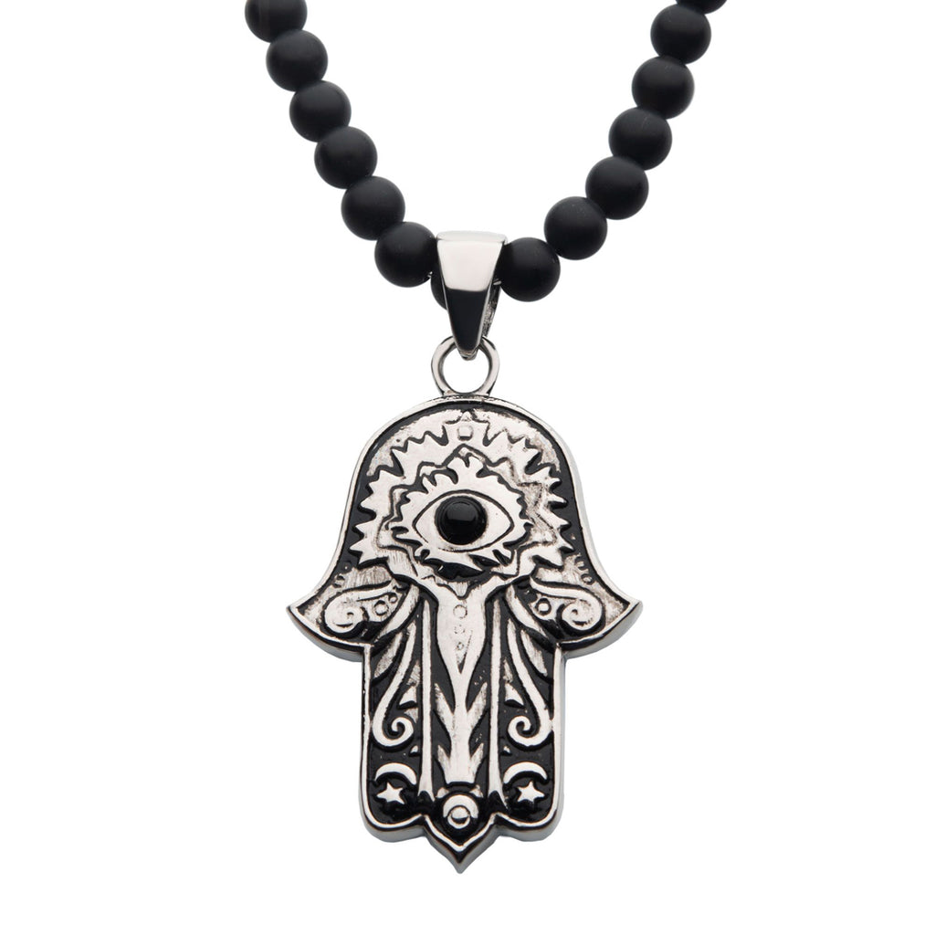 Hamsa Black Agate Stone Bead Necklace