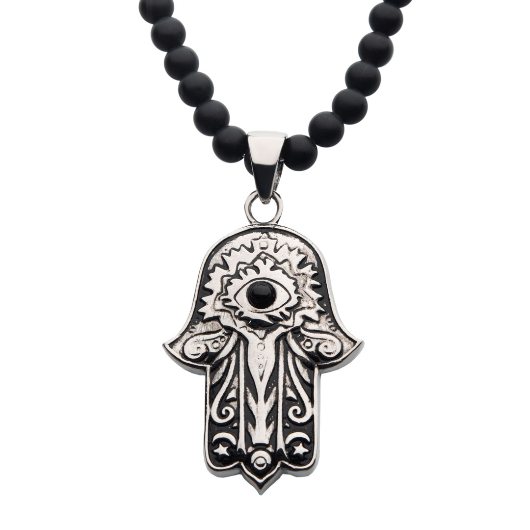 Hamsa Black Agate Stone Bead Necklace