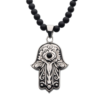 Hamsa Black Agate Stone Bead Necklace