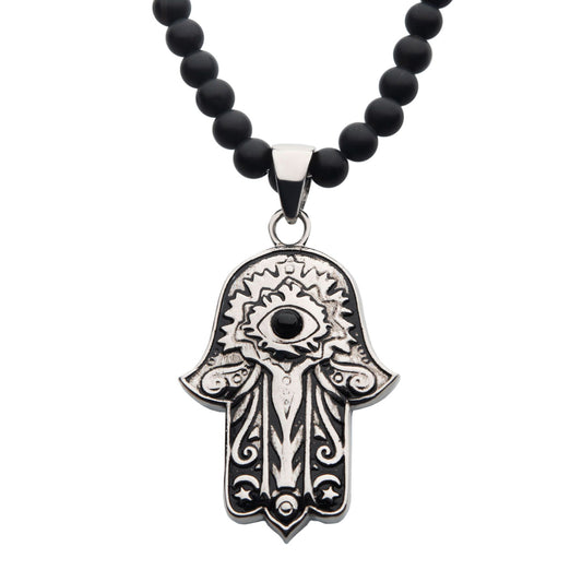 Hamsa Black Agate Stone Bead Necklace