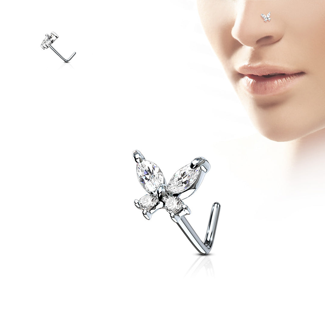 L-Bend 1/4" 20ga 316L Surgical Steel Butterfly Nose Stud - Clear
