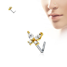 Load image into Gallery viewer, L-Bend 1/4&quot; 20ga 316L Surgical Steel Butterfly Nose Stud - Clear &amp; Gold
