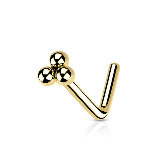 L-Bend 1/4" 20ga 316L Surgical Steel Tri-Ball Nose Stud - Gold