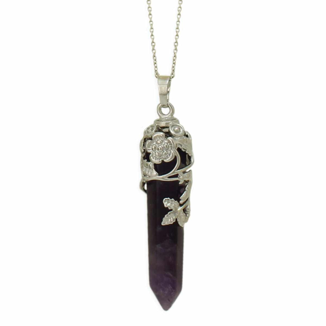 Silver Ivy Floral Wrapped Amethyst Necklace